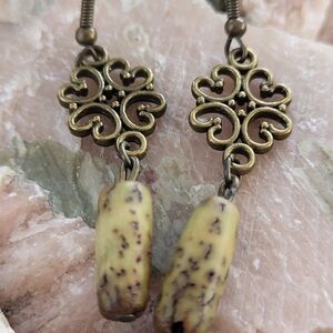 ONE OF A KIND Tagua Vegetable Ivory & Antique Brass Filigree Drop Earrings